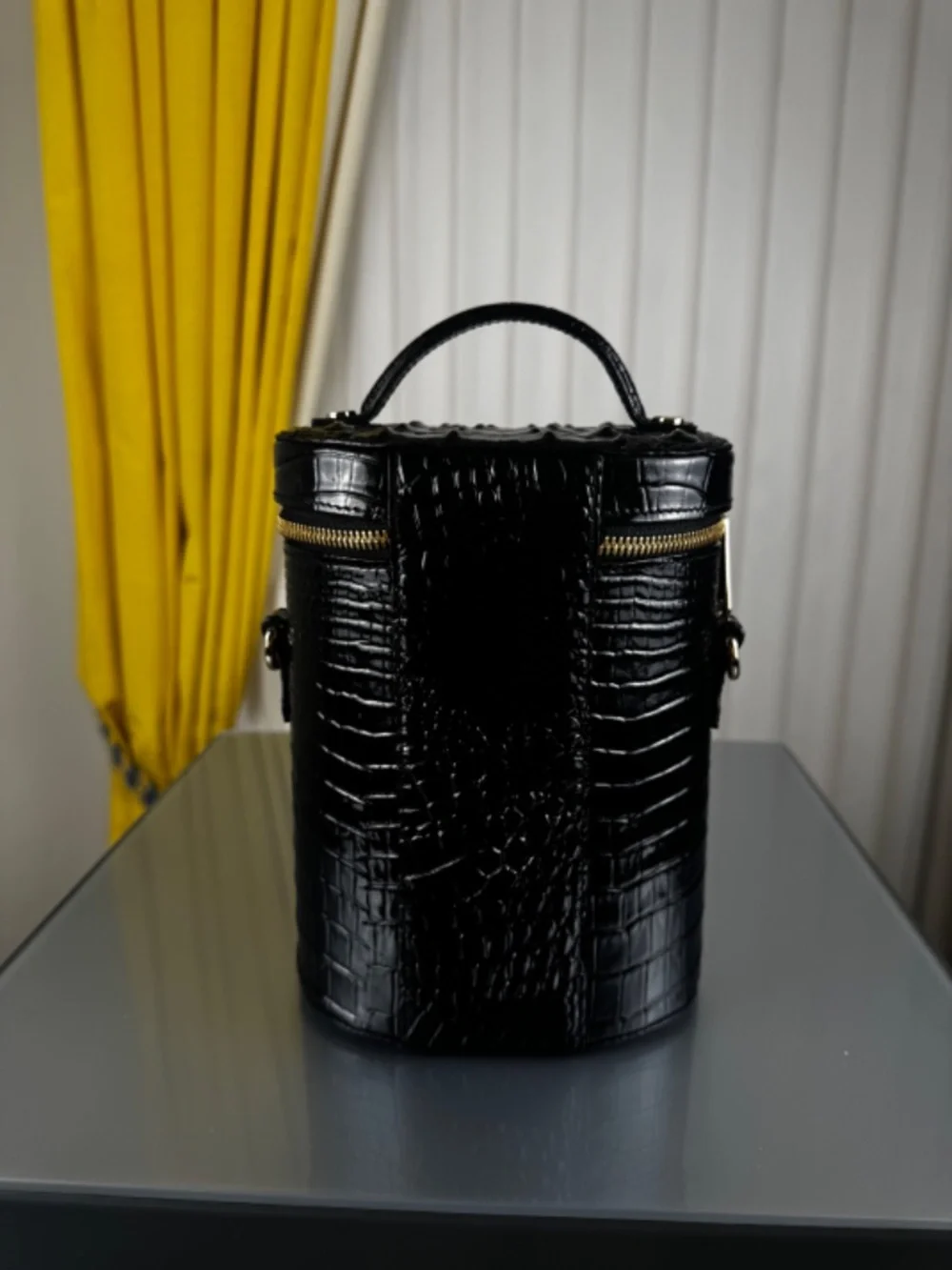 Brahmin Brynn Barrel bag-Black Melbourne crocodile embossed leather
